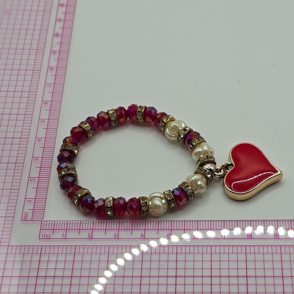 Red White Gold Tone Bead Bracelet Heart Charm Stretchy Elastic Fashion Jewelry - Picture 8 of 9